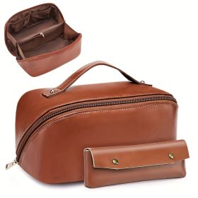 BAGMIND 2pcs Makeup Bag, Large Capacity Travel Cosmetic Bag, Portable Leather Peach Loft's Large Capacity Cosmetic Bag for a Girlfriend (Color: Brown)